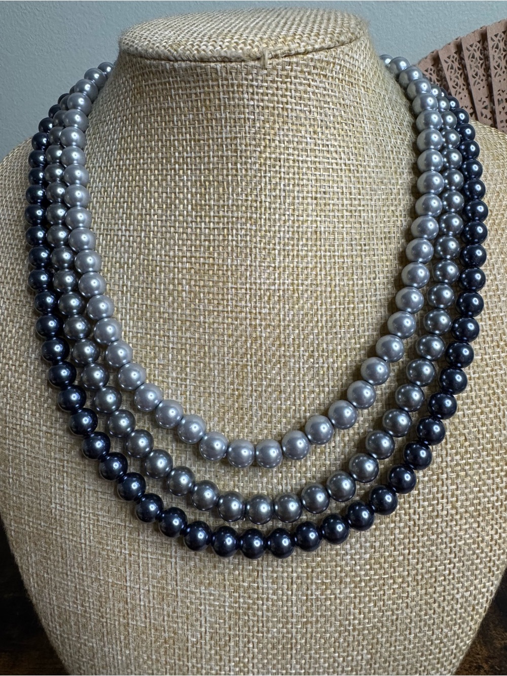 Classic Gray and Black Pearl Triple Strand Layered Necklace  - Women Jewelry